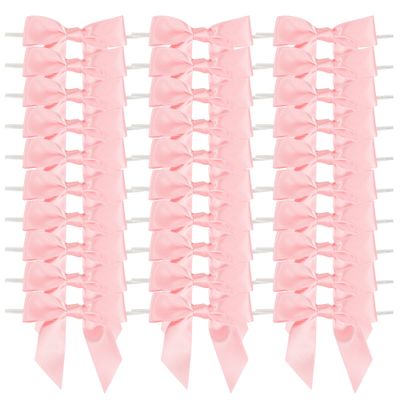 AIMUDI Baby Pink Satin Ribbon Bows 3.5" Light Pink Pretied Twist Tie Bows for Treat Bags Cake Pop Gift Wrapping Basket Wedding Favors Cookie Candy Bagging Baby Shower - 50 Counts