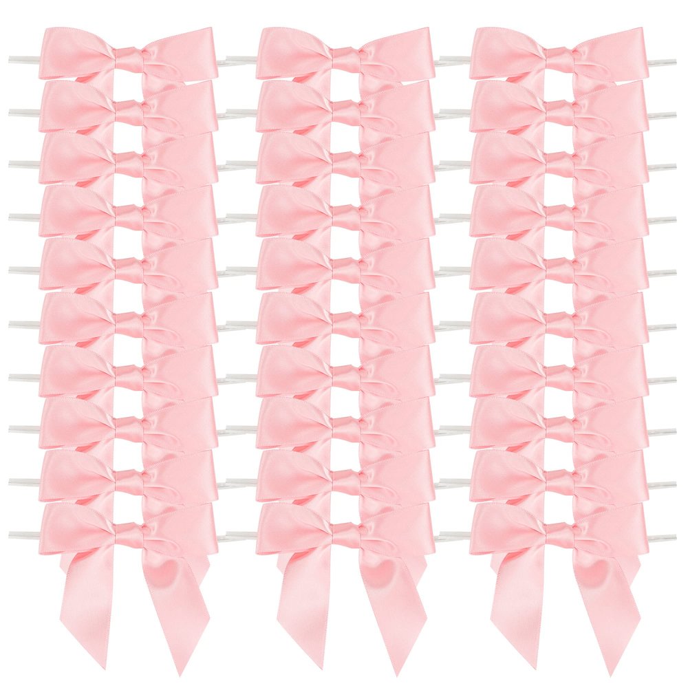 AIMUDI Baby Pink Satin Ribbon Bows 3.5" Light Pink Pretied Twist Tie Bows for Treat Bags Cake Pop Gift Wrapping Basket Wedding Favors Cookie Candy Bagging Baby Shower - 50 Counts