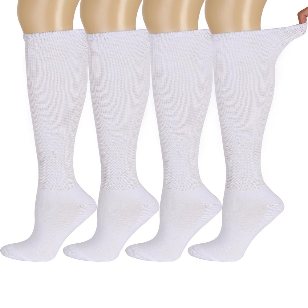 Bamboo Rayon Knee High Diabetic Socks for Men & Women 4 Packs, Soft No-Binding Cushioned Sole Seamless Diabetic Socks, White(4 Pairs, 10-13)