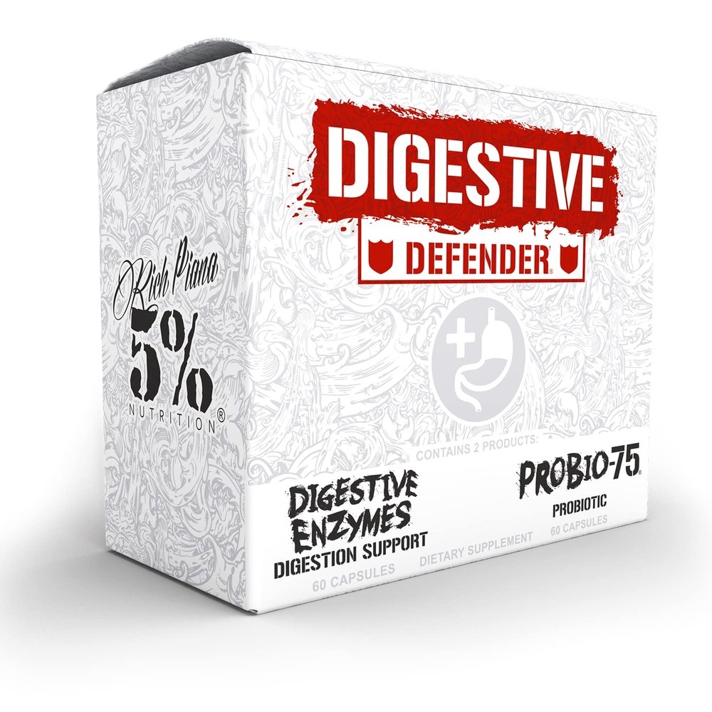 5% Nutrition Rich Piana Digestive Defender | Probio-75 & Digestive Enzymes Digestion Supplement | Premium Quality Enzymes with Probiotics and Prebiotic Fiber | 120 Gelatin Capsules (30 Svgs)