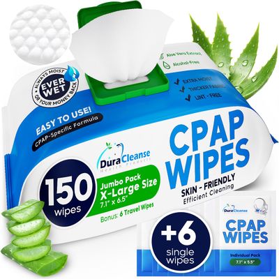 CPAP Mask Wipes - 150 Count Jumbo Pack + 6 Travel Sheets - Dura Cleanse Extra Large, Extra Moist Cleaning Wipes for Full Face, Nasal Masks Unscented Cleaner for CPAP Machine, Supplies and Accessories