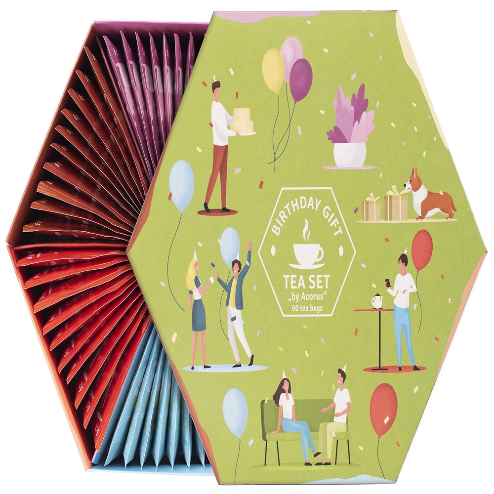 ACORUS | Birthday Gift Tea Set | Natural Tea Hamper Box Gift Set of 6 Flavors | Thoughtful Present for Birthday | Large Selection Box | Tea Gift Sets | 60 Herbal and Fruit Tea Bags Variety Pack