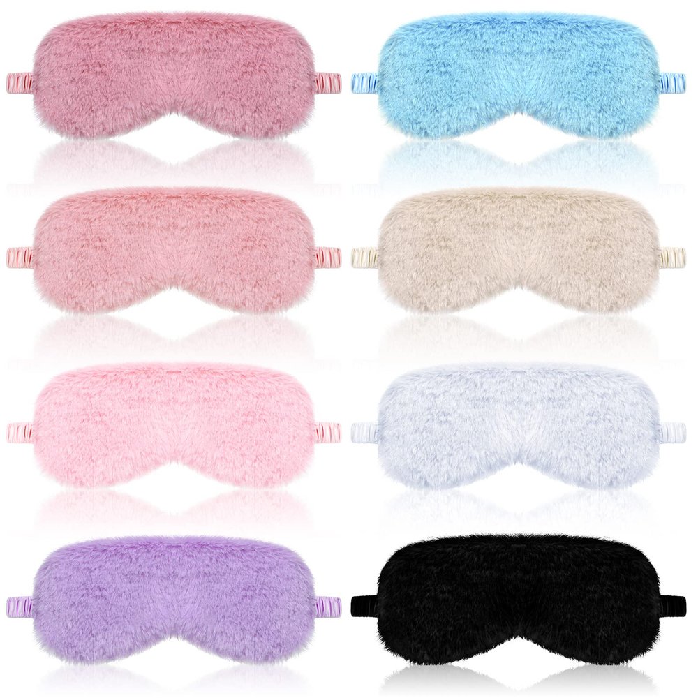 Geyoga 8 Pieces Plush Eye Masks Bulk Eye Covers for Sleeping Faux Fur Eye Mask Slumber Party Favors Masks for Women