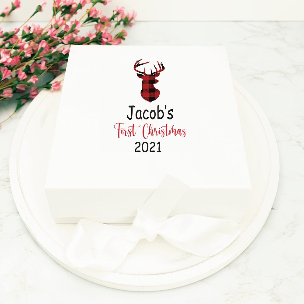 Personalized Baby's First Christmas Gift Box with Buffalo Plaid Reindeer, Farmhouse Deer, Personalized Gift Wrapping, Keepsake Box