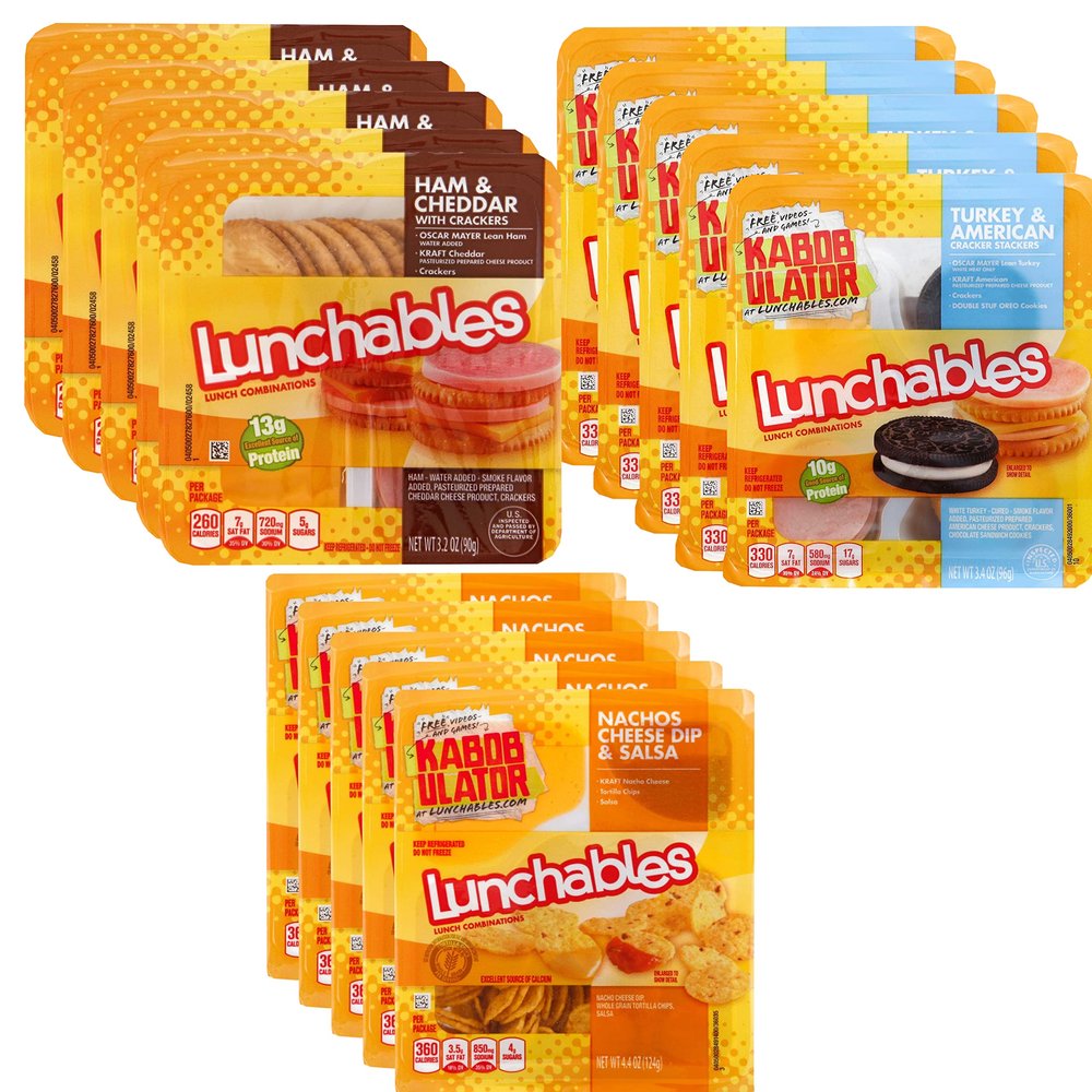 Oscar Mayer Lunch time Party Pack - 5 Lunchables Ham and Cheddar Cheese - 5 Turkey and American Cheese Cracker Stacker - 5 Oscar Mayer Lunchable Cheese Dip and Salsa Nacho- 2 Pack (5 of each 15 Total)