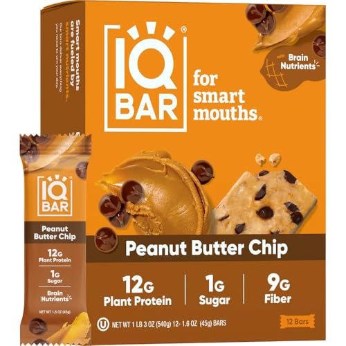 IQBAR Brain and Body Keto Protein Bars - Peanut Butter Chip Keto - 4 Count Energy - Low Carb Protein - High Fiber Vegan and Low Sugar Meal Replacement - Vegan Snack