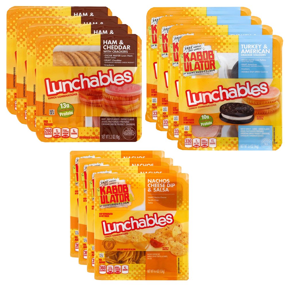 Oscar Mayer Lunch time Party Pack - 4 Lunchables Ham and Cheddar Cheese - 4 Turkey and American Cheese Cracker Stacker - 4 Oscar Mayer Lunchable Cheese Dip and Salsa Nacho- 1 Pack (4 of each 12 total)