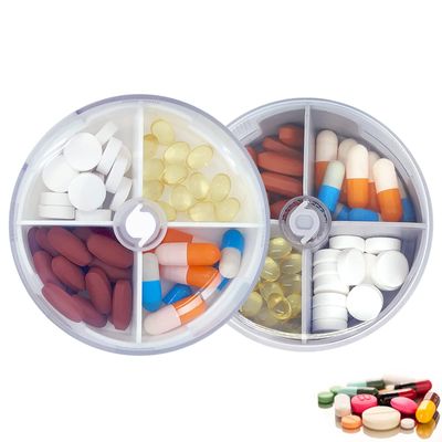 2PCS Pill Organizer 2 Packs Portable Travel Pill Box Round Rotatable Pill Case 4 Large Compartments Medicine Organizer for Vitamin Fish Oil Pills Supplements (Grey + White)