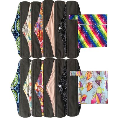 MUMBABY 12 Pieces Set 2 Pieces Mini Wet Bags and 10 Pieces Charcoal Bamboo Mama Cloth/Menstrual Pads/Reusable Sanitary Pads (Colorful Stars & Butterfly, 10 inch)