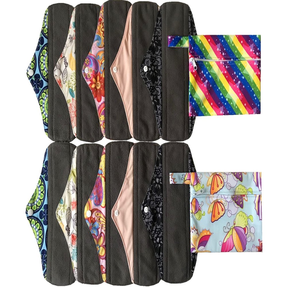 MUMBABY 12 Pieces Set 2 Pieces Mini Wet Bags and 10 Pieces Charcoal Bamboo Mama Cloth/Menstrual Pads/Reusable Sanitary Pads (Colorful Stars & Butterfly, 10 inch)