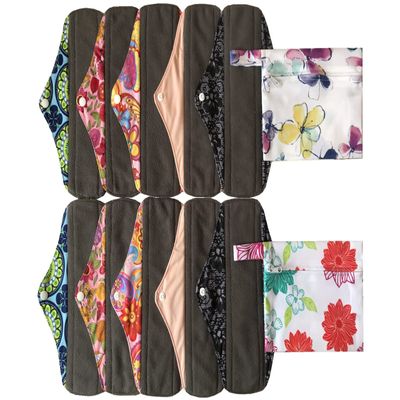 MUMBABY 12 Pieces Set 2 Pieces Mini Wet Bags and 10 Pieces Charcoal Bamboo Mama Cloth/Menstrual Pads/Reusable Sanitary Pads (AI Flower & Purple Flower, 10 inch)