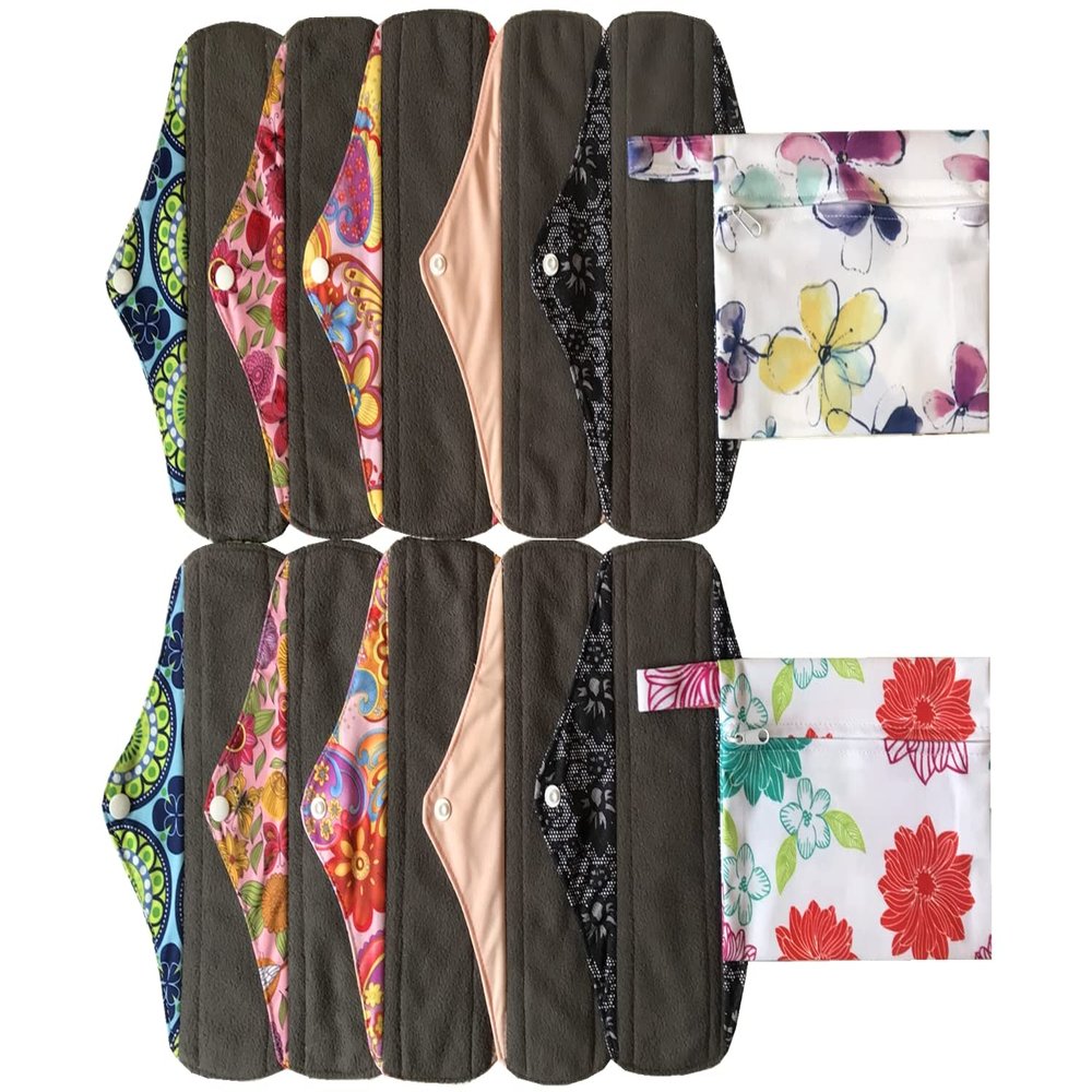 MUMBABY 12 Pieces Set 2 Pieces Mini Wet Bags and 10 Pieces Charcoal Bamboo Mama Cloth/Menstrual Pads/Reusable Sanitary Pads (AI Flower & Purple Flower, 10 inch)