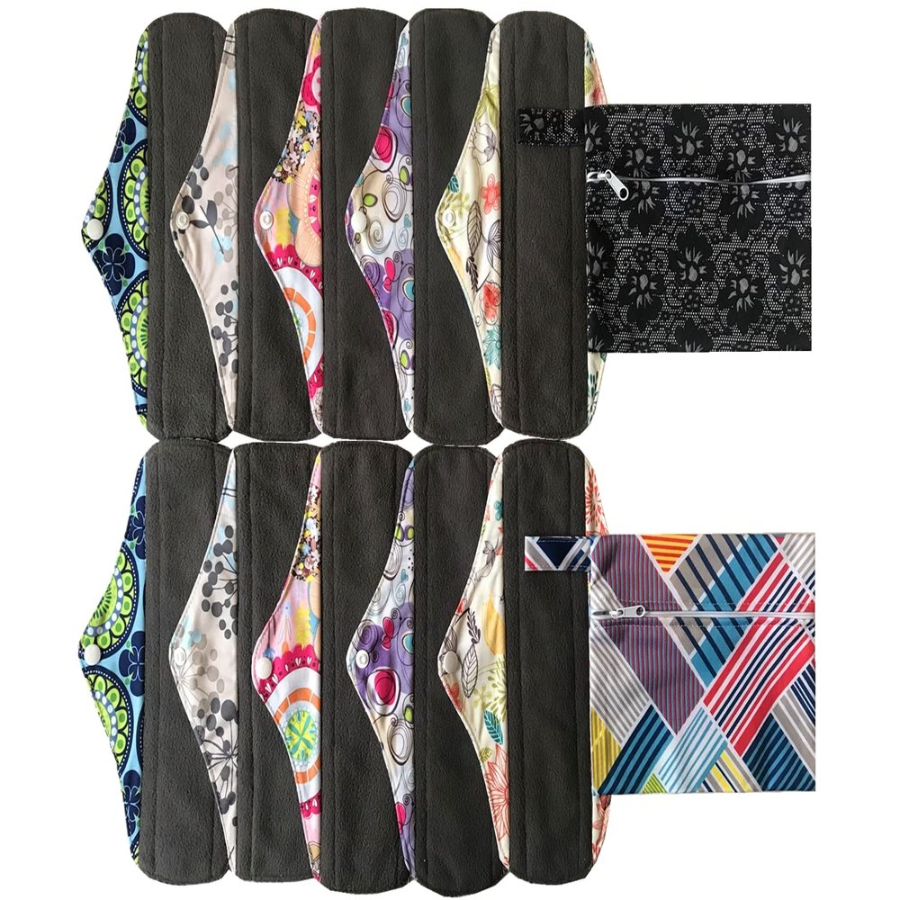 MUMBABY 12 Pieces Set 2 Pieces Mini Wet Bags and 10 Pieces Charcoal Bamboo Mama Cloth/Menstrual Pads/Reusable Sanitary Pads (Black Lace & Corn Field, 10 inch)