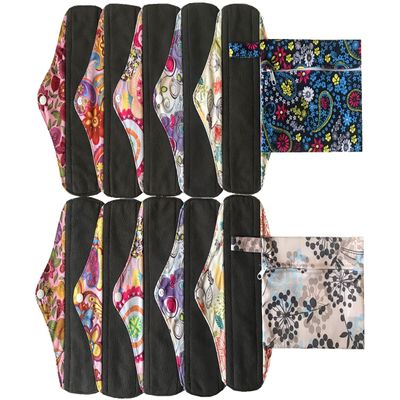 MUMBABY 12 Pieces Set 2 Pieces Mini Wet Bags and 10 Pieces Charcoal Bamboo Mama Cloth/Menstrual Pads/Reusable Sanitary Pads (China Blue & Silver, 10 inch)