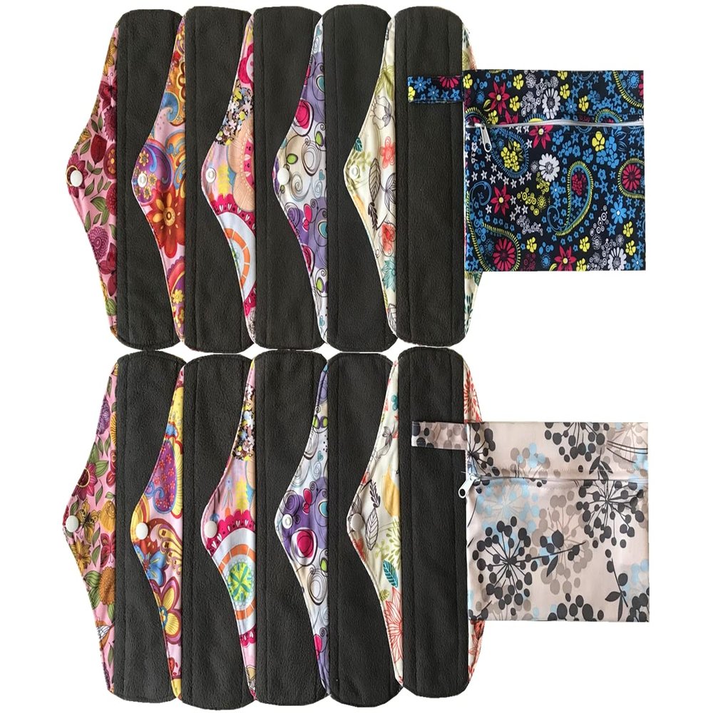 MUMBABY 12 Pieces Set 2 Pieces Mini Wet Bags and 10 Pieces Charcoal Bamboo Mama Cloth/Menstrual Pads/Reusable Sanitary Pads (China Blue & Silver, 10 inch)