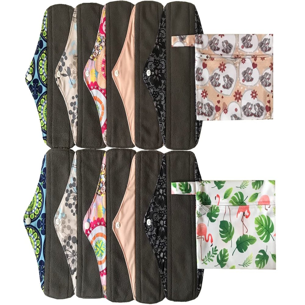 MUMBABY 12 Pieces Set 2 Pieces Mini Wet Bags and 10 Pieces Charcoal Bamboo Mama Cloth/Menstrual Pads/Reusable Sanitary Pads (Flarmingo & Rabbit, 10 inch)