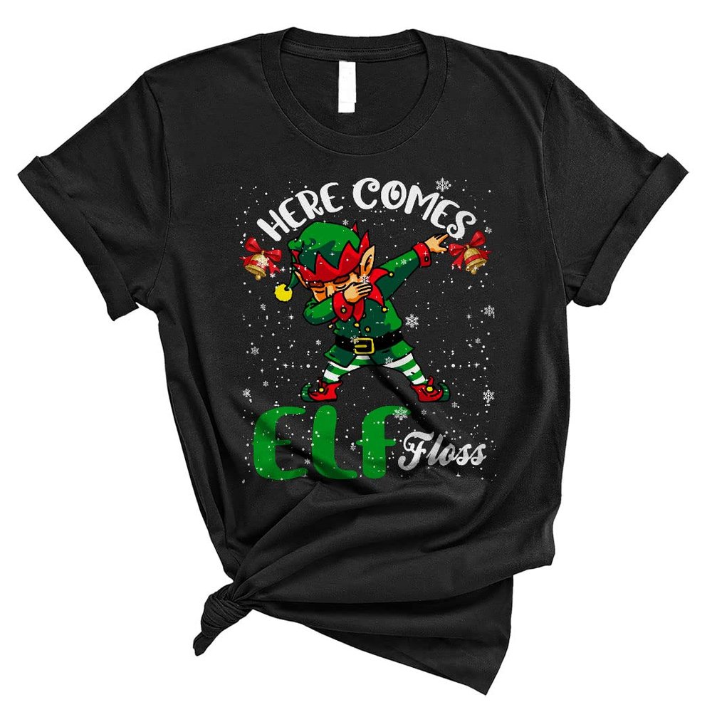 Here Comes ELF Floss Funny Christmas ELF Floss Flossing Lover Matching Family Group Gifts Unisex T-Shirt Black