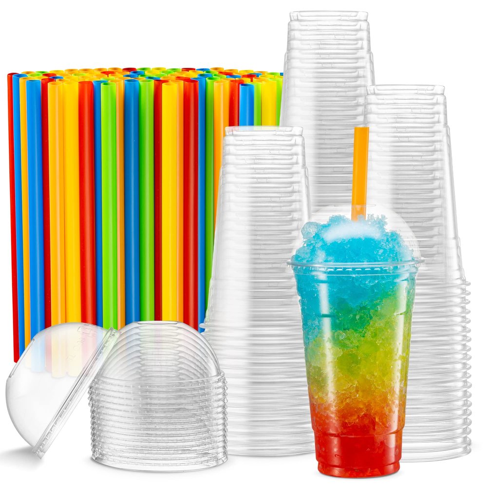 [40 Sets - 24 Oz] Crystal Clear PET Plastic Cups With Dome lids & Straws for Iced Coffee, Cold Drinks, Milkshake, Slush Cup, Smoothy's, Slurpee, Party's, Plastic Disposable Cups
