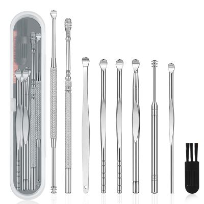 9 Pcs Ear Pick Earwax Removal Kit, Ear Cleansing Tool Set, Ear Wax Removal Tool, Ear Curette Ear Wax Remover Tool with a Cleaning Brush and Storage Box, Medical Grade, for Children and Adults,Silver