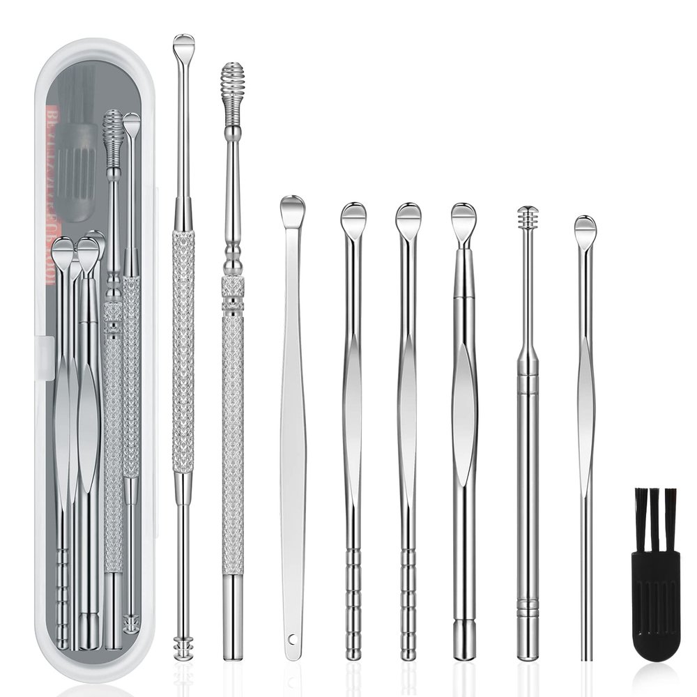 9 Pcs Ear Pick Earwax Removal Kit, Ear Cleansing Tool Set, Ear Wax Removal Tool, Ear Curette Ear Wax Remover Tool with a Cleaning Brush and Storage Box, Medical Grade, for Children and Adults,Silver