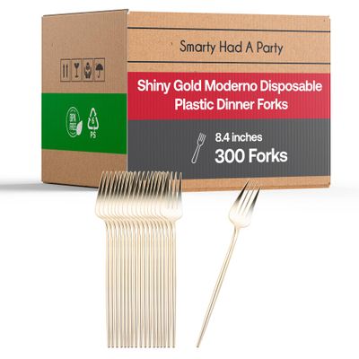 8.4 Inch Shiny Gold Plastic Dinner Forks, 300 Count - Elegant and Heavy Duty Disposable Cutlery, BPA-Free, Recyclable, Eco-Friendly Gold Flatware for Weddings, Parties, and Events, Bulk Set