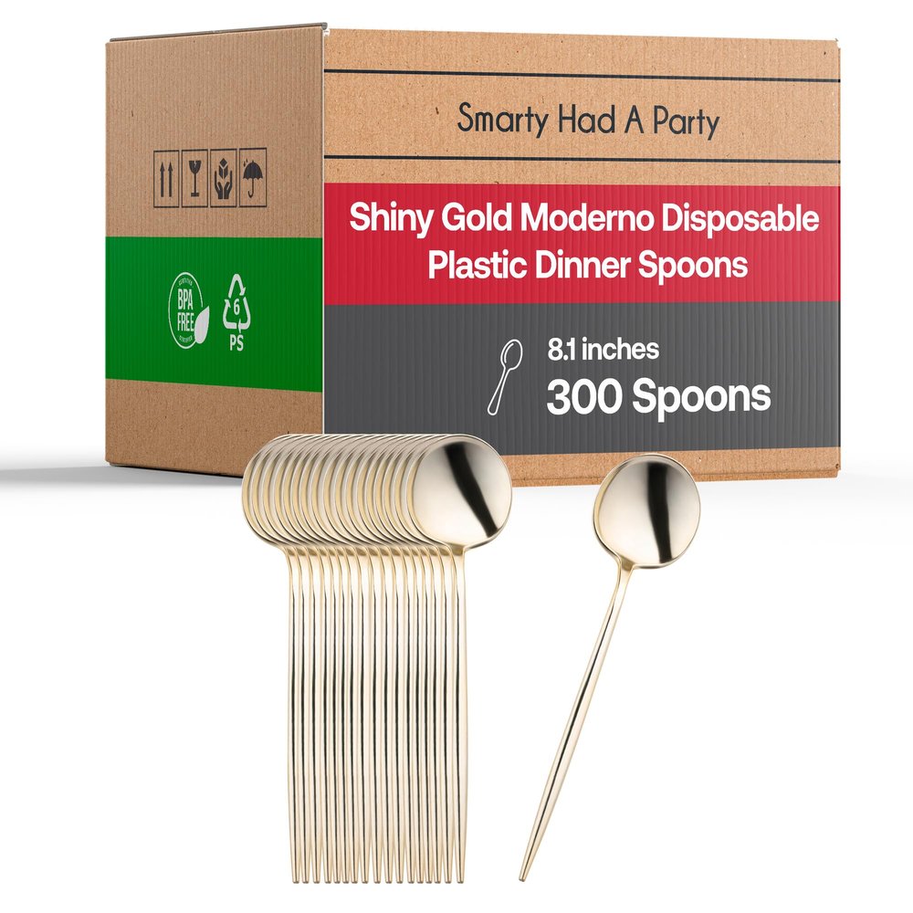 300-Pack Shiny Gold Plastic Dinner Spoons - 8.1 Inch Heavy-Duty Disposable Spoons, Elegant BPA-Free and Recyclable Flatware, Perfect for Weddings, Parties, Soups, and Desserts, Bulk Cutlery Set