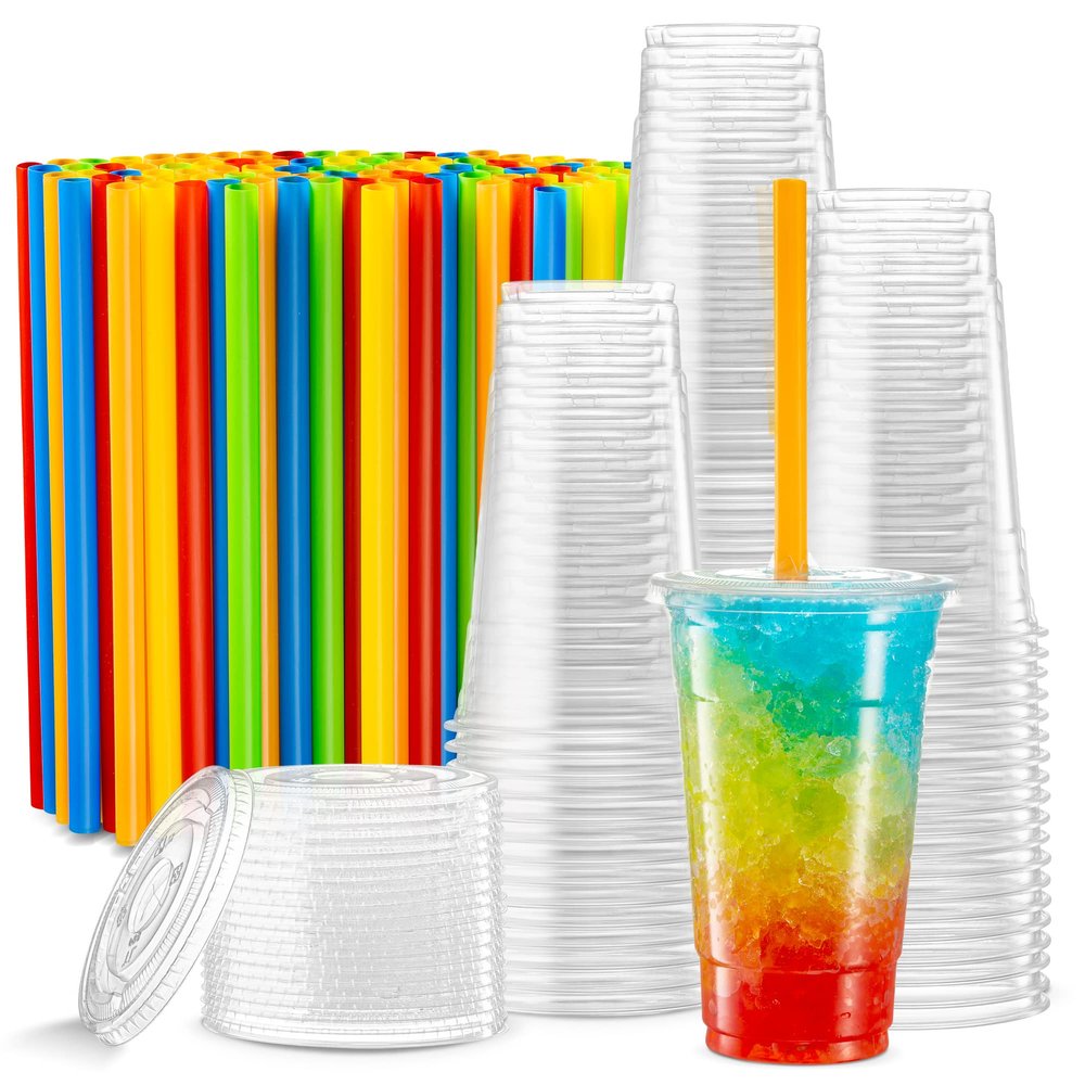 [40 Sets - 24 Oz] Crystal Clear PET Plastic Cups With Flat lids & Straws for Iced Coffee, Cold Drinks, Milkshake, Slush Cup, Smoothy's, Slurpee, Party's, Plastic Disposable Cups