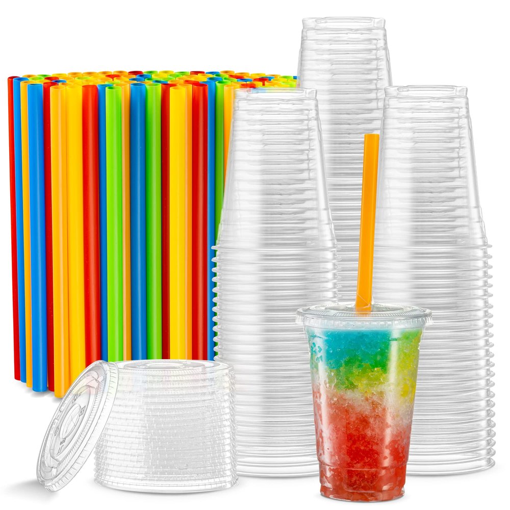 [40 Sets - 16 Oz] Crystal Clear PET Plastic Cups With - Flat lids & Straws for Iced Coffee, Cold Drinks, Milkshake, Slush Cups, Smoothies Slurpee, Party's, Plastic Disposable Cups