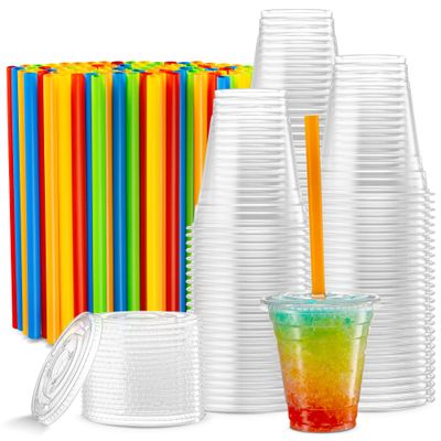 [40 Sets - 12 Oz] Crystal Clear Plastic PET Cups With Flat lids & Straws for Iced Coffee, Cold Drinks, Milkshake, Slush Cups, Smoothy's, Slurpee, Party's, Plastic Disposable Cups