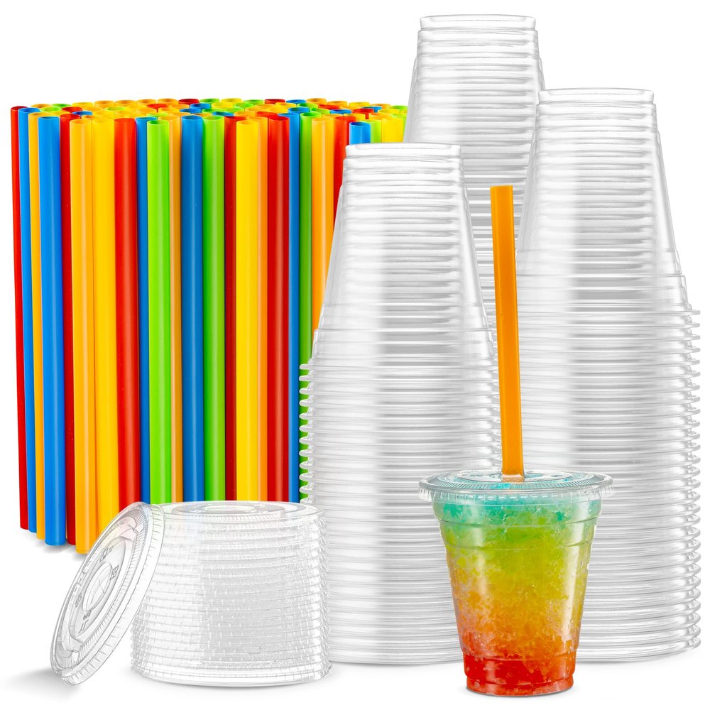 [40 Sets - 12 Oz] Crystal Clear Plastic PET Cups With Flat lids & Straws for Iced Coffee, Cold Drinks, Milkshake, Slush Cups, Smoothy's, Slurpee, Party's, Plastic Disposable Cups