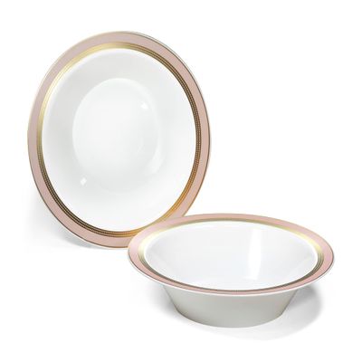 " OCCASIONS " 120 Plates Pack, Heavyweight Disposable Wedding Party Plastic Bowls (14 oz Soup Bowl, Ritz Blush & Gold)