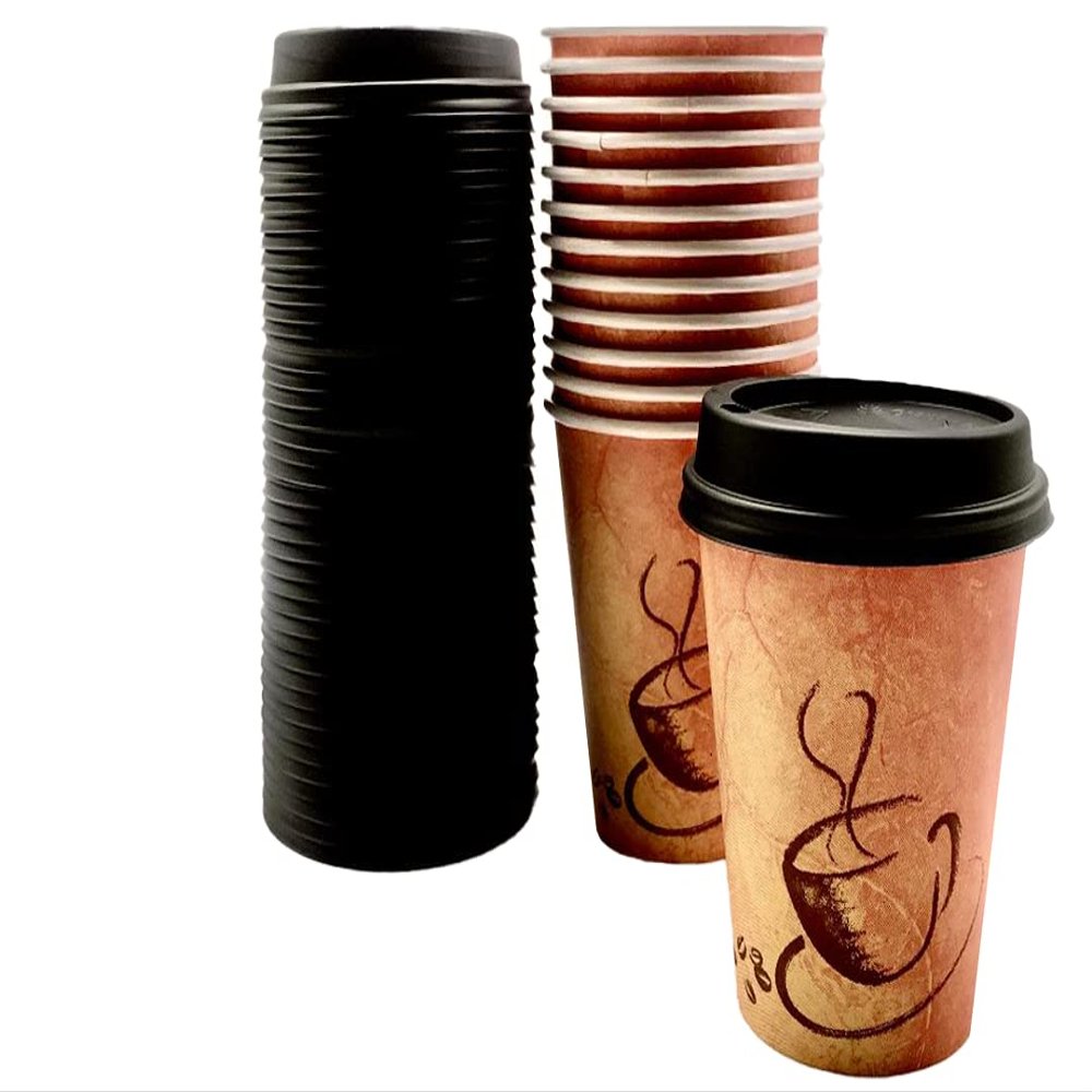 12 Oz. Disposable Paper Coffee Cup Set Restaurant Grade,100-Pack Premium Coffee Cups with Black Lids,Disposable Designer Cups For Hot Drinks At Kiosks, Grab 'n Go Cup and Lid Set, Travel Lid, White