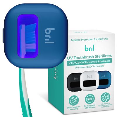 Bril UV-C Toothbrush Cleaner and Holder  Wall Mounted Toothbrush Head Cover, Electric & Manual Brush Cleaner Cover Case with Magnetic Mount, Portable, Durable, Rechargeable, Universal Fit  Navy