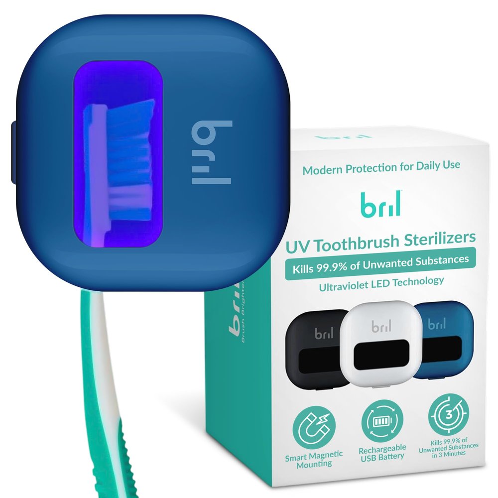 Bril UV-C Toothbrush Cleaner and Holder  Wall Mounted Toothbrush Head Cover, Electric & Manual Brush Cleaner Cover Case with Magnetic Mount, Portable, Durable, Rechargeable, Universal Fit  Navy