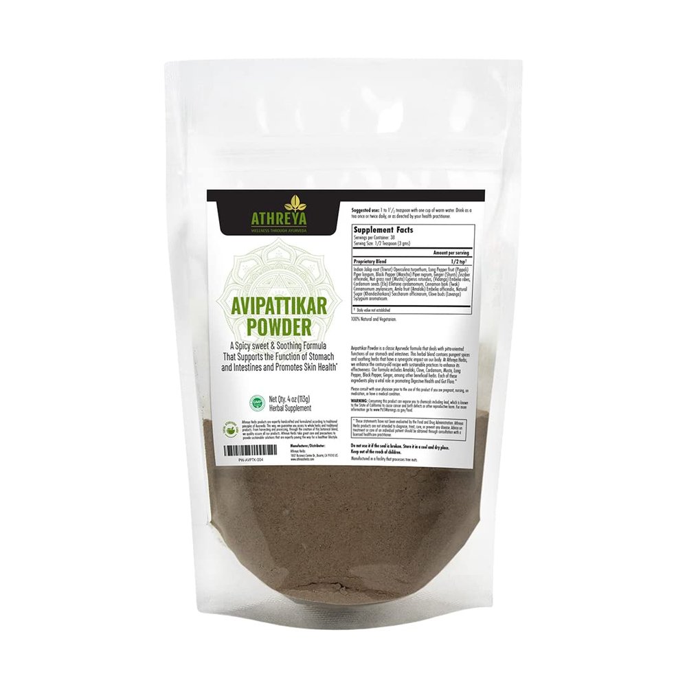 Athreya Herbs Avipattikar Powder | 4 Oz | Sweet & Spicy Classic Ayurvedic Soothing Formula for The Skin | Supports Removal of Toxins from The Stomach & Intestines | Digestive Comfort | Vegan, Non-GMO