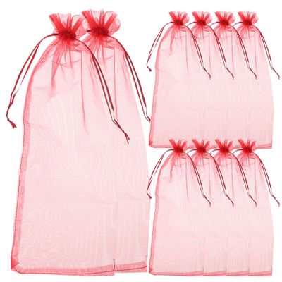 10pcs Sheer Wine Bag, Mesh Organza Wine Bottle Cover Dresses Wrap Christmas Bags with Drawstring (Dark Red)