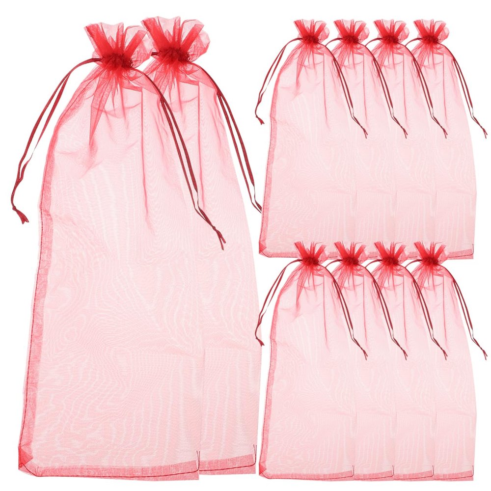 10pcs Sheer Wine Bag, Mesh Organza Wine Bottle Cover Dresses Wrap Christmas Bags with Drawstring (Dark Red)