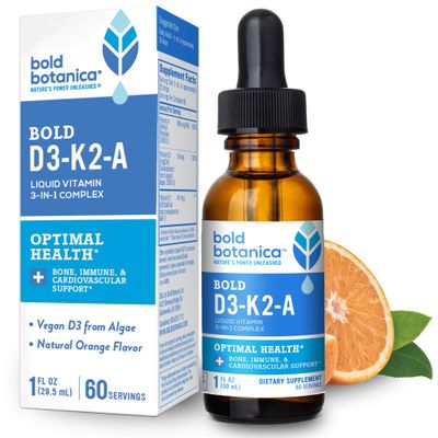 Bold Botanica Vitamin D3-K2-A Liquid Drops for Adults and Kids Vegan D3 from Algae with K2 (MK7) & A, 3-in-1 Complex for Immune, Bone & Heart Support, Natural Orange Flavor 1 FL OZ, 60 Servings