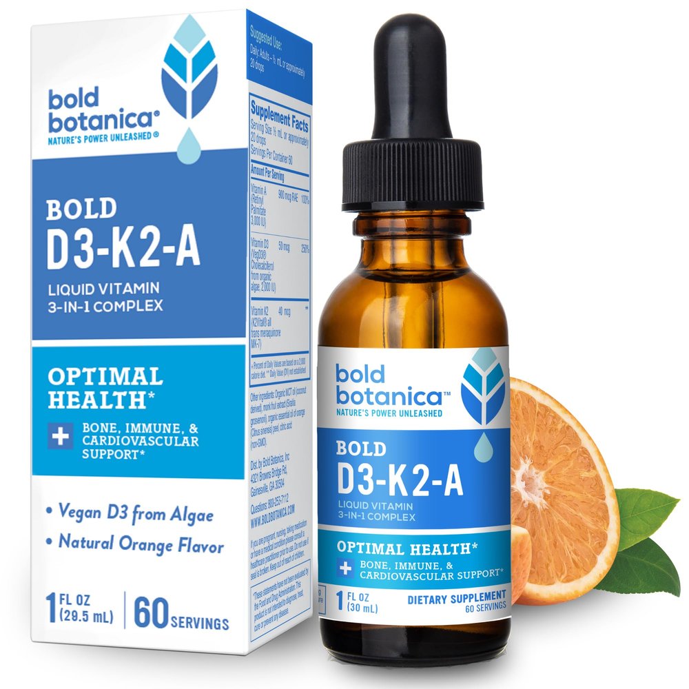 Bold Botanica Vitamin D3-K2-A Liquid Drops for Adults and Kids Vegan D3 from Algae with K2 (MK7) & A, 3-in-1 Complex for Immune, Bone & Heart Support, Natural Orange Flavor 1 FL OZ, 60 Servings