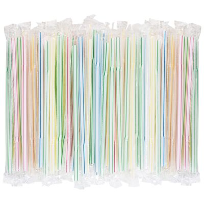 Flexible Plastic Straws Individually Wrapped 200 Pack - Striped Multi Colored BPA-Free Disposable Bendy Straw 8" Long - by DuraHome