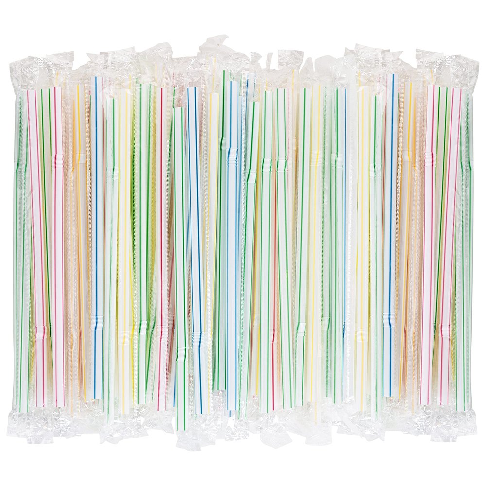 Flexible Plastic Straws Individually Wrapped 200 Pack - Striped Multi Colored BPA-Free Disposable Bendy Straw 8" Long - by DuraHome
