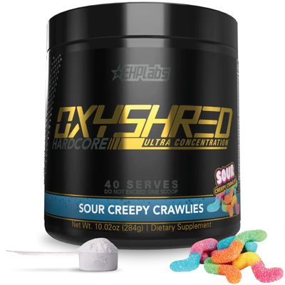 EHP Labs OxyShred Hardcore Super Dosed Pre Workout Powder - Preworkout Powder with L Glutamine & Acetyl L Carnitine, Energy Boost Drink - 275mg of Caffeine - Sour Crawlies, 40 Servings