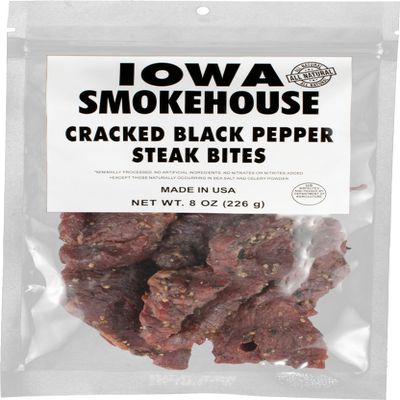 IOWA SMOKEHOUSE Steak Bites, Cracked Black Pepper - Tender Nugget Meat Snack - All Natural & Gluten Free - 9g of Protein, All USA Beef - 8 Oz (resealable bag)