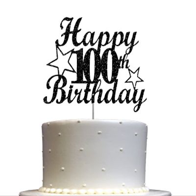 100 Birthday Black Glitter Cake Topper, 100th Party Decoration Ideas, Premium Quality, Sturdy Doubled Sided Glitter, Acrylic Stick. Made in USA