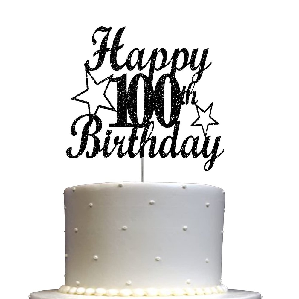 100 Birthday Black Glitter Cake Topper, 100th Party Decoration Ideas, Premium Quality, Sturdy Doubled Sided Glitter, Acrylic Stick. Made in USA