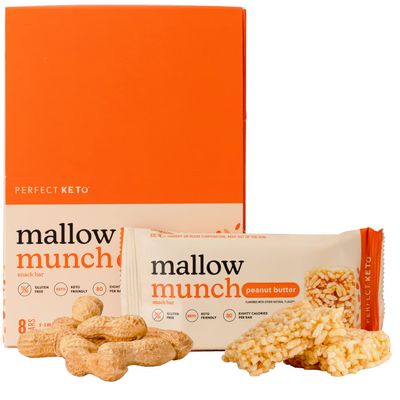 Perfect Keto Mallow Munch, Gluten Free, Cereal Bars, Breakfast Bar, Rice-Free, Low Sugar, Low Carb, Crispy, High Protein Snack, Healthy Snacks, 9g Protein, 2g Net Carbs, Peanut Butter, 8 Pack