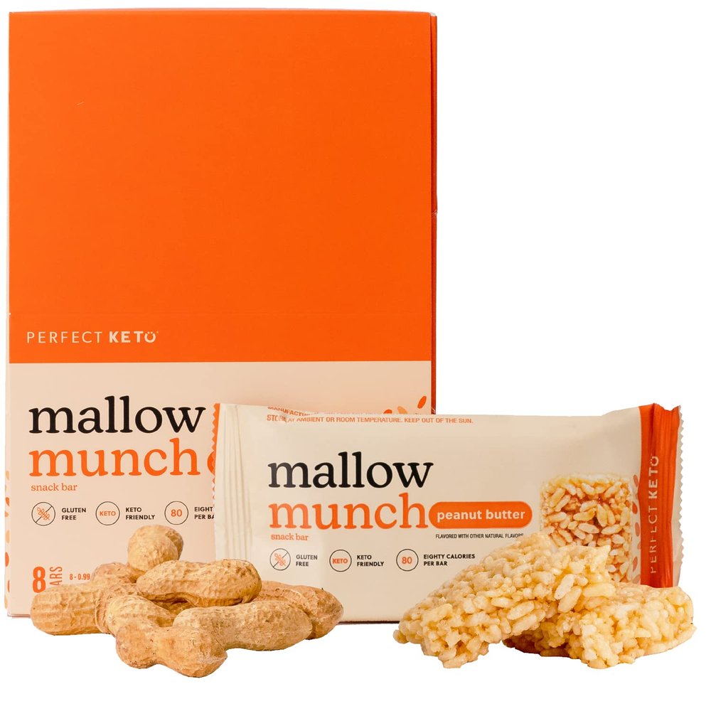 Perfect Keto Mallow Munch, Gluten Free, Cereal Bars, Breakfast Bar, Rice-Free, Low Sugar, Low Carb, Crispy, High Protein Snack, Healthy Snacks, 9g Protein, 2g Net Carbs, Peanut Butter, 8 Pack