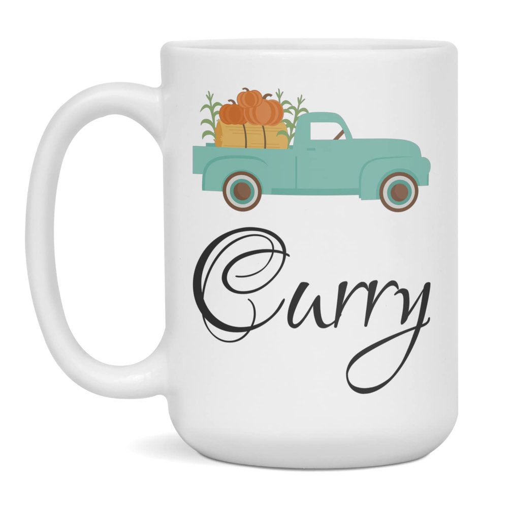 Curry Personalized Family Name Fall Pumpkin Truck Thanksgiving Gift Mug, 15-Ounce White