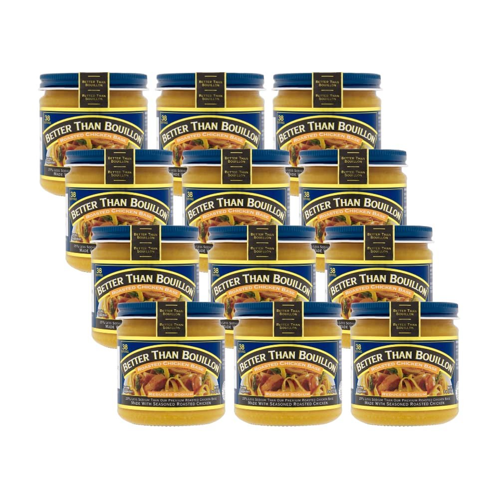 Better Than Bouillon Reduced Sodium Roasted Chicken Base, Made with Seasoned Roasted Chicken & Less Sodium, 38 Servings Per Jar, 8-Ounce Jar (Pack of 12)