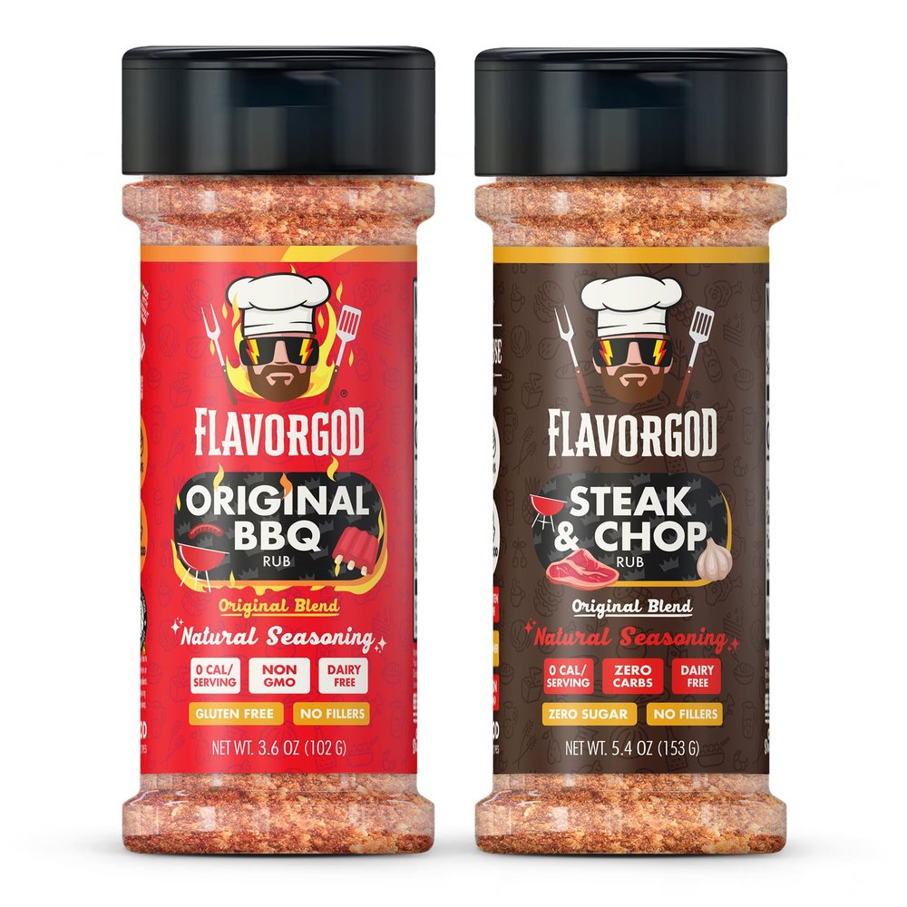 Barbeque Rubs Combo Pack of 2, Dry Rub Gift Set - Original BBQ, and Steak & Chop - Premium All Natural & Healthy Spice Blend - Flavor God Seasonings